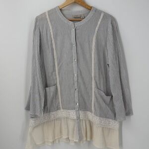 Logo Lori Goldstein Lace Boho Women's Tunic Top SZ Medium Gray Stripe Lagenlook